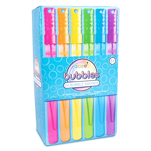 abeec 24 Pack Bubble Wands for Kids | Bubble Swords Multipack 118ml Solution Included | 6 Colours in Storage Box | Party Bag Fillers Wedding Favours Outdoor Toys Ages 3+