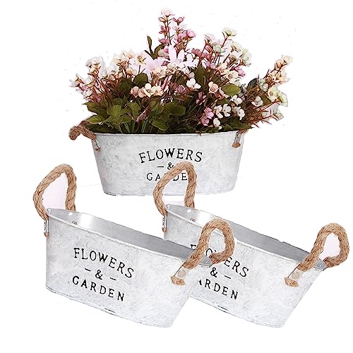 BSTMOME 3PCS Metal Flower Bucket Vintage Creative Iron Flower Holder Planter Succulent Plant Container Rustic Retro Flower Pot for Garden Home Decor Oval - 20.5X16.5X9CM