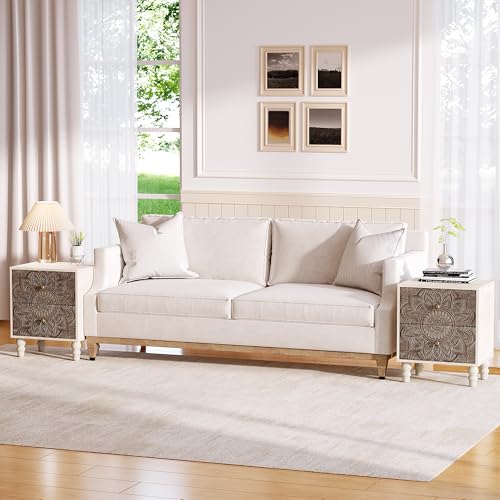 Image of SUNBURY Vintage Wooden Nightstand Set 2, Wood Accent Table with 2 Drawers, Elegant Bedside Table End Side Table for Bedroom, Living Room (Lotus)