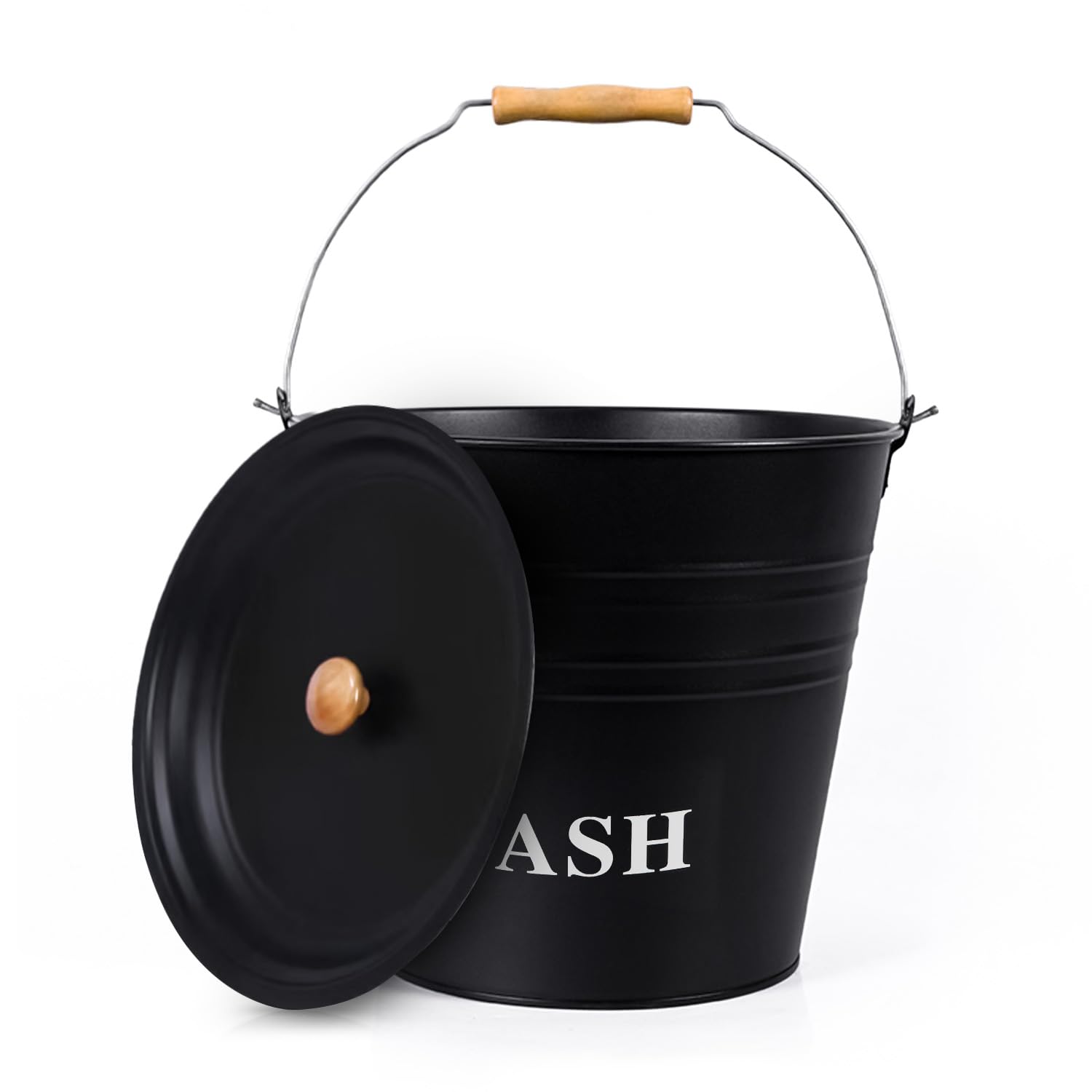 Flatro Ash Bucket with Lid for Fireplaces | (Pack of 1) 12L Metal Bucket for Hot Ashes (with Wooden Handle) | Does the Job Well for Coal, Wood, Ashes, Kindling & More