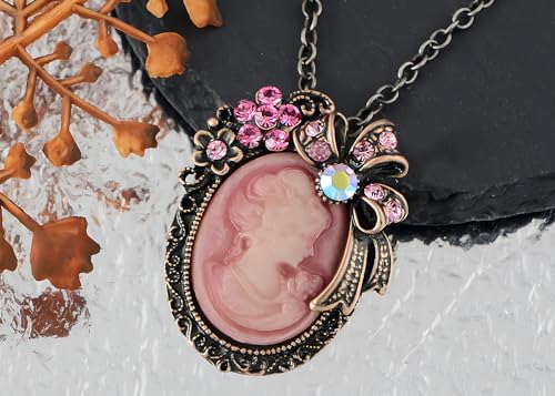 Image of Alilang Vintage Inspired Crystal Rhinestones Victorian Lady Cameo Pendant Necklace Maiden Flower Ribbon Bow Brooch Pin