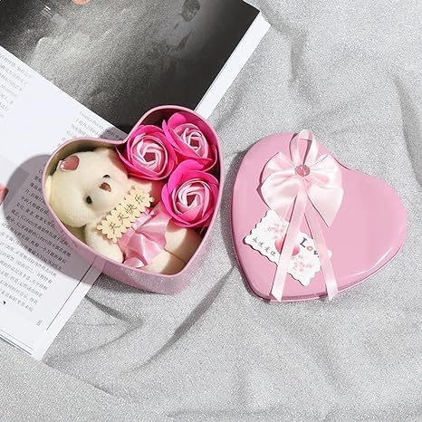 India Kraft Store Heart Shaped Box with Teddy and Roses Gift Set with Box Gift Romantic Gift Valentine Gift (12 cm Lenght of Box) (Metal, Pink)-image-42