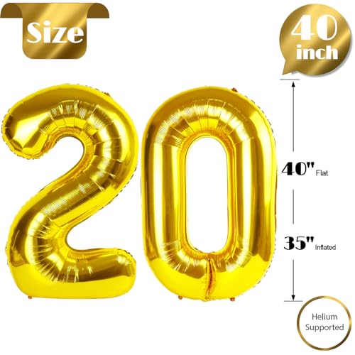 Image of Gold Number 20 Balloon 40 inch, 20 Number Balloons, 20th Gold Birthday Decorations, 20 Year Old Golden Party Supplies