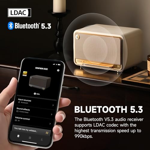 Image of Edifier D32 Tabletop Wireless Speaker, Hi-Res Audio Bluetooth Speaker, Portable Retro Combo Speaker, 60 Watts RMS, Bluetooth 5.3, 11-Hour Playtime, White
