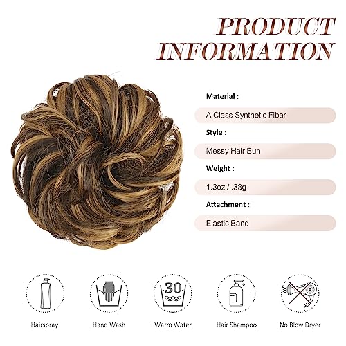 FESHFEN Messy Bun Hair Piece - Elastic Wavy Curly Hair Bun Scrunchies Extensions Synthetic Chignon Hairpieces for Women Girls, Brown Highlighted Caramel Blonde 1.5 oz