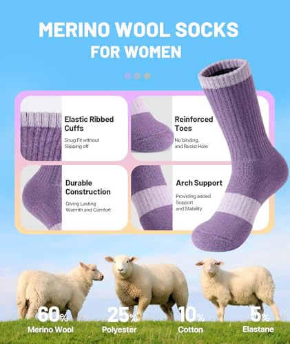 SIMIYA 5 Pairs Merino Wool Socks for Women Winter Thick Warm Hiking Socks Women Thermal Crew Cushion Socks