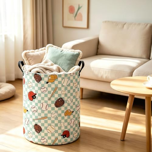 Image of Round Laundry Basket Collapsible Storage Hamper Green Grid Baseball | Waterproof Canvas Foldable Baskets with sturdy Handles Multi-scene Organizer for Home Play Bedroom Gift Bin