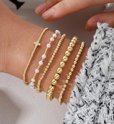 Gold Plated Beaded Bracelets for Women: Dainty Pearl and Ball Stretch Stackable Set