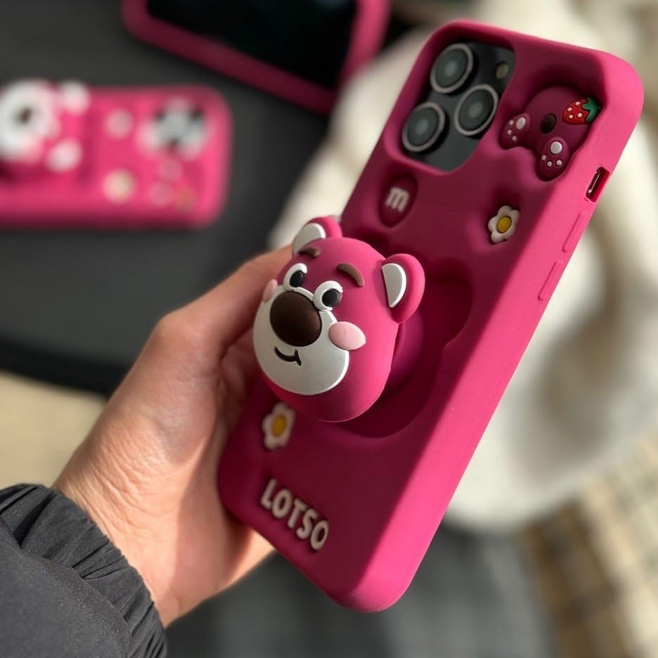 Image of COVERLY for iPhone 12 Pro 3D Cartoon LOTSO Bear Case,Full Protective Huggin Strawberry Toy Story Walt Back Case with Holder Cute Soft Silicone Fashion Aesthetic Cover for Apple iPhone 12 Pro