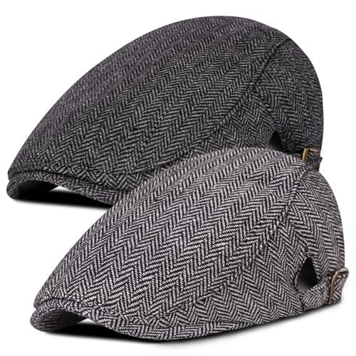 Senker Fashion 2 Pack Newsboy Cap for Men Adjustable Herringbone Tweed Wool Hats Blend Flat Cap Ivy Cabbie Driving Hat Dark Gray Black
