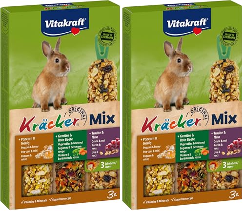 Vitakraft Kräcker - Friandise pour Lapin Nain Assortiment Popcorn et Miel-légumes et Betterave-Raisin et Noix 1x3 (Lot de 2)