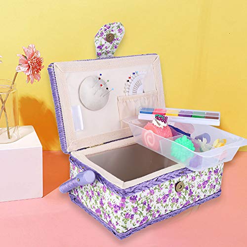 Large Sewing Basket, Vintage Sewing Tool Organizer Box For Storing Needles Thread, Sewing Basket With Handle & Removable Tray, Flower Pattern,Purple #TOP6