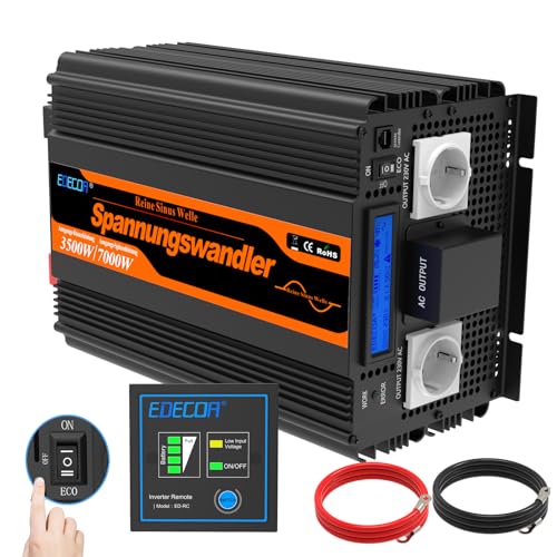EDECOA inversor 12v 220v Onda Pura 3500w Pantalla LCD convertidor 12v 230v Onda Pura Transformador con Mando a Distancia para Panel Solar Caravana Coche (3a generacion)