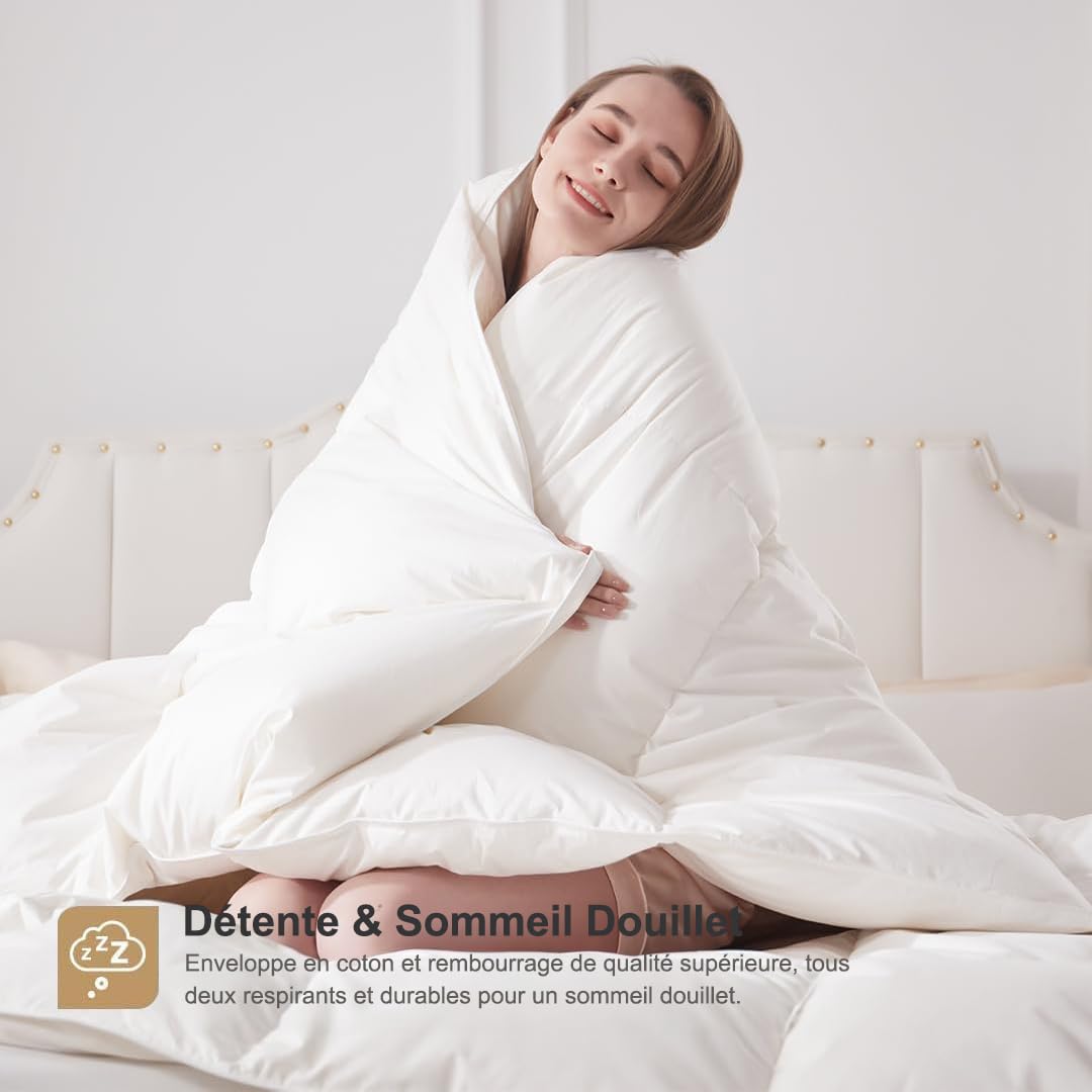 DWR Couette 4 Saisons 240x260 cm,Remplissage Duvet et Plumes d'oie,300GSM,Chaude et Respirante,Moyenne pour Toutes Les Saisons,100% Coton Biologique, Certifié Oeko-Tex et RDS,lit 2 Personne