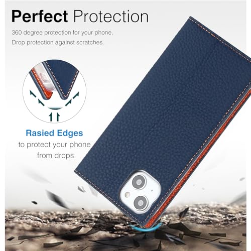 Coque iPhone 14 Plus en cuir véritable bleu élégant ELTEKER