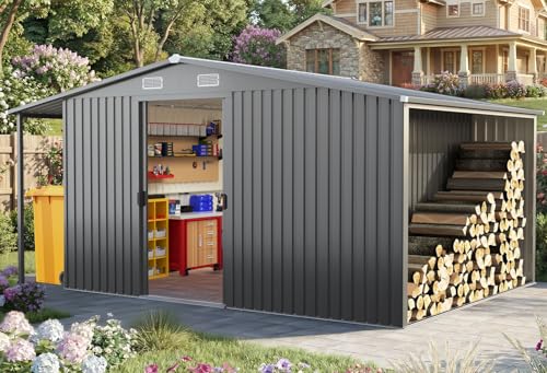 Qucitent 10x14 FT Outdoor Storage Shed, 3-in-1 Metal Garage & Workshop with Side Lean-to, Waterproof Steel for Ride-on Mower, ATV, Motorcycle, Gear.120 L*169" W*84“H