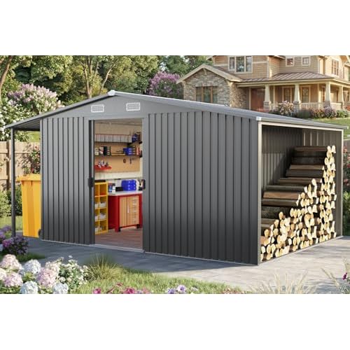 Qucitent 10x14 FT Outdoor Storage Shed, 3-in-1 Metal Garage & Workshop with Side Lean-to, Waterproof Steel for Ride-on Mower, ATV, Motorcycle, Gear.12