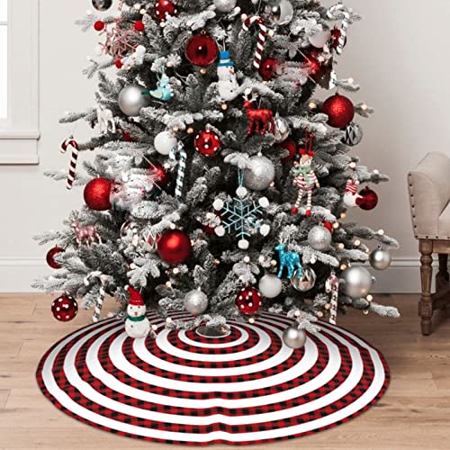 48" Christmas Tree Skirt, Red And Black Buffalo Check Plaid Tree Skirt Xmas Tree Ornaments For Christmas Party Winter New Year House Decoration Supplies #TOP5