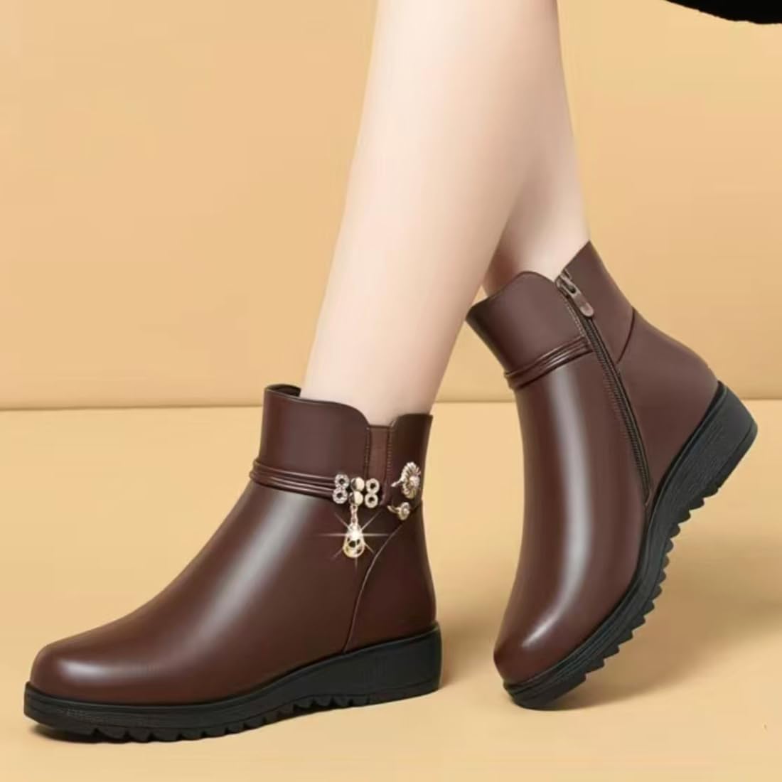 Women Winter Warm Low Block Heel Snow Booties - Women's Waterproof Warm Boots, Comfortable Round Toe Warm Fur Lining Side Zipper Non-slip Lug Sole Winter Ankle Boot