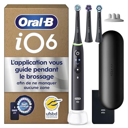 Oral-B Brosse à Dents Electrique iO 6, 3 Brossettes de Rechange, Noire – 5 Modes de Brossage dont Blancheur et Soin des Gencives, Capteur de Pression, Batterie Rechargeable, Etui, en Carton