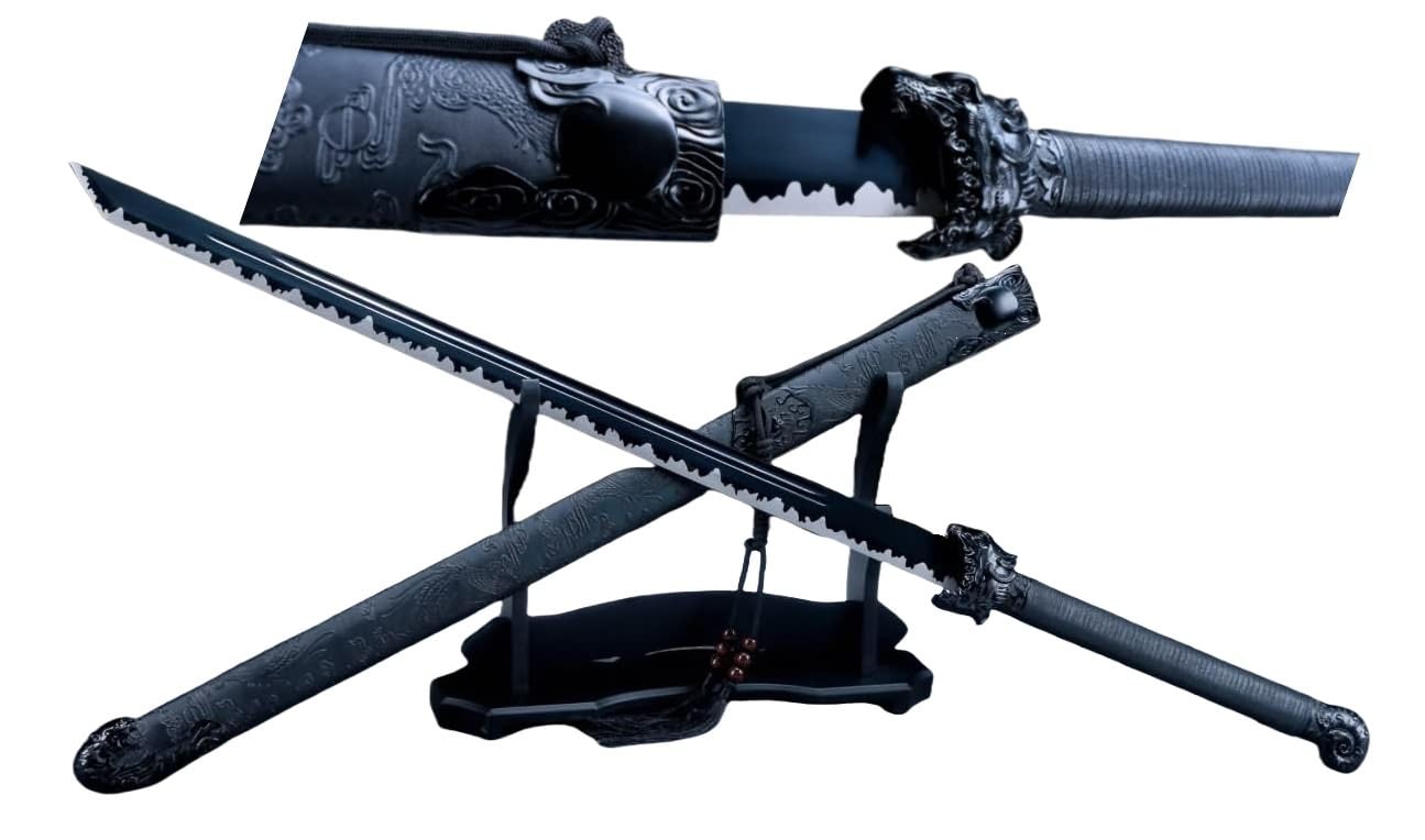 Tiger Tang Dao, Real Walking Sabre Sword, Hand Forged High Carbon Steel Blade, Alloy Fittings, Black Blade