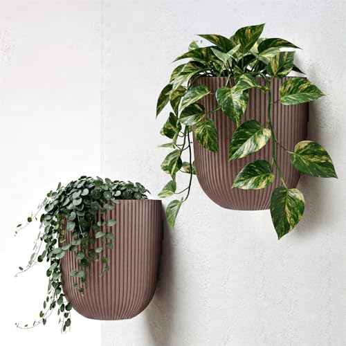 GEEZY Set of 2 Ribbed Wall Planter 14.6 cm - Weather Resistant Indoor & Outdoor Wall Mounted Plant Holder - Modern Hanging Plant Pots & Flower Pots for Home Garden & Patio