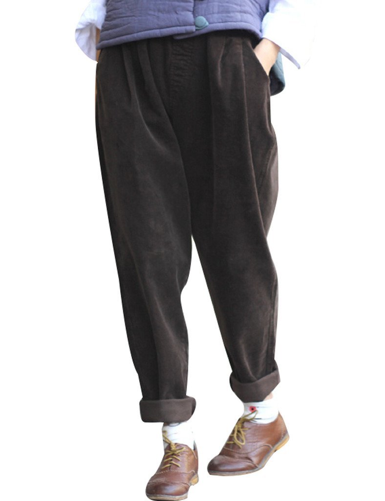 Youlee Women's Elastic Waist Corduroy Trouser with Pockets Camel