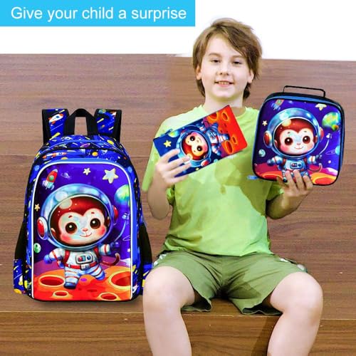 Image of UFNDC 3PCS Monkey Bookbag for Boys, Kids Space Backpack with Lunch Box, Water Resistant Rocket School Bag for Elementary Preschool Toddler