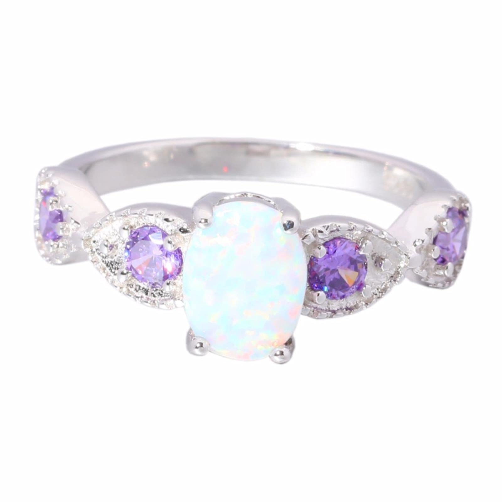 Authentic 925 Sterling Silver Created White Fire Opal Purple Zircon For Women Jewelry Ring