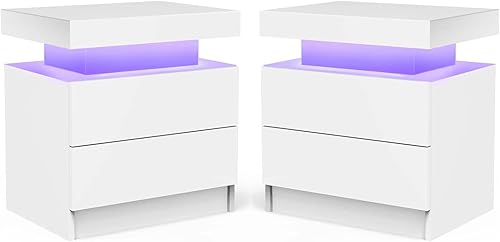 Generic Juego de 2 mesitas de noche LED con luces LED mesa auxiliar moderna con 2 cajones para dormitorio blanco 13 pulgadas de profundidad x 19