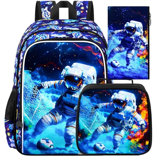 Image of HPJGD 3PCS Boys Astronaut Bookbag, Water Resistant Kids School Bag Set with Lunch Box, Cool Backpack for Elementary Preschool Toddler - Soccer Astronaut