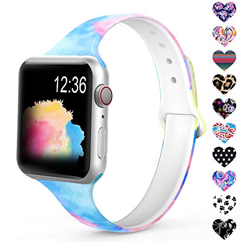 Sunnywoo Sport Band Compatible with Apple Watch 38mm 40mm 42mm 44mm, Narrow Soft Fadeless Floral Silicone Slim Thin Replacement Wristband for iWatch Series 4/3/2/1 Women Men