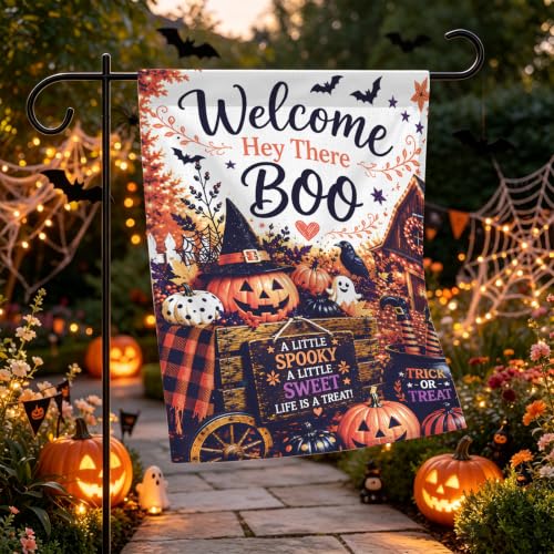 Image of Halloween Garden Flag 12x18 Inch Double Sided Welcome Boo Pumpkin Outdoor Yard Flag Fall Garden Decor
