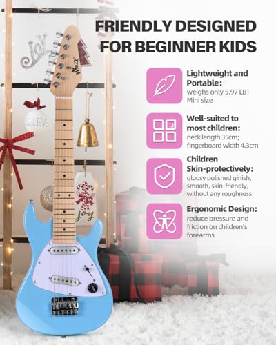 Image of Winzz 30 Inch Kids Electric Guitar Beginner Kit, Junior 1 /4 Size Mini Electric Guitar for Children Complete Stater Set with Amp, Gloosy Blue Colour