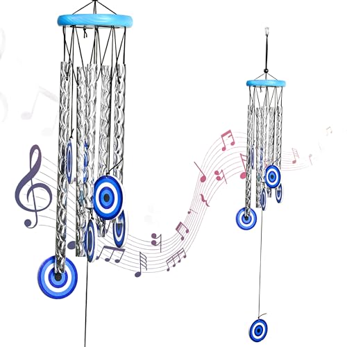 Image of ZAICUS 27-Inch Turkish Evil Eye Wind Chimes - Metal Hanging Decor for Home, Balcony, Living Room & Entrance - Positive Energy & Housewarming Gift for Women (Blue)
