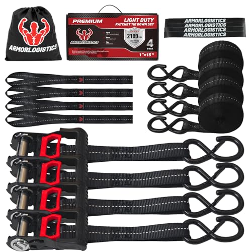 Image of Ratchet Straps (4 Pack) - 1in x 15ft Motorcycle Strap Tie Downs with 15ft Soft Loops - 2,100lb Break Strength Ratchet Tie Down Straps for Motorcycles, Truck, Cargo - Safety S Hook, Storage Bag
