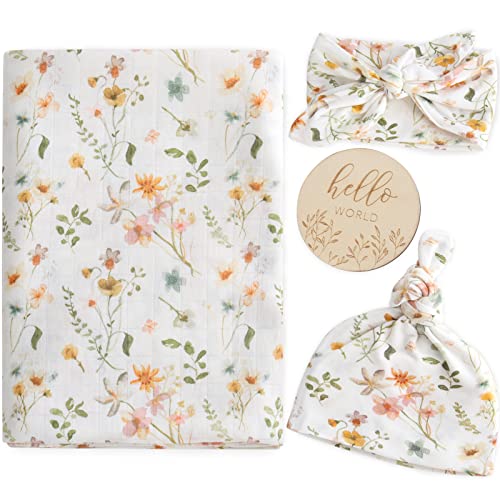 LifeTree Newborn Swaddle Set with Matching Hat and Bow, Wooden Birth Announcement Card, Baby Girl Newborn Receiving Blanket Baby Swaddle Floral Motif Nursery Swaddle Wrap by LifeTree - Used condition - CA$27.75