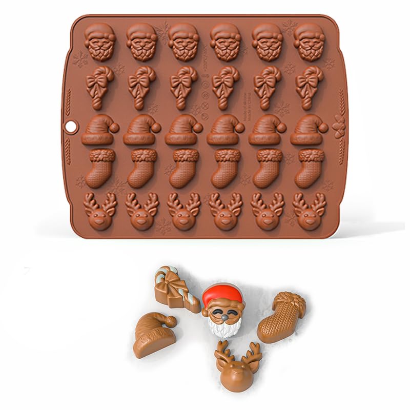 2 Stampi Per Cioccolato Di Natale In Silicone - Formine Per Praline, Caramelle E Torte, Motivi Di Natale: Omino, Albero, Pupazzo, Campana, 21,8x17 Cm