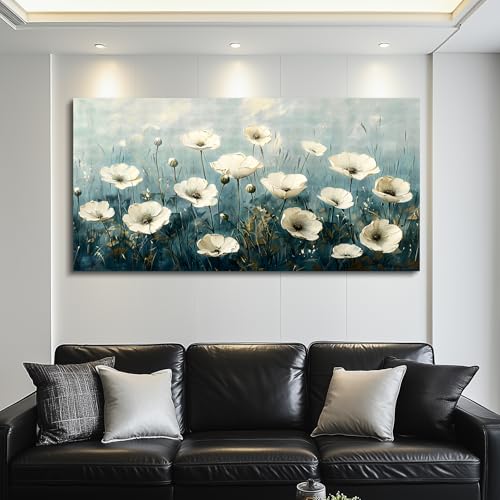 FUHAIHUA Canvas Wall Decor For Bedroom Large Wall Art For Living Room Office Decorations White Flowers Landscape Painting Modern Wall Pictures Aesthetics Posters Ready To Hang Home Decor 24x48 In