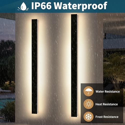 Image of 2 Pack 71inch Modern Outdoor Wall Light, 3000K-6000K Dimmable Outside Wall Sconce, Black Exterior Lighting Fixture, IP65 Waterproof Linear Long Garage Lights for Porch Patio Garden with Remote Control