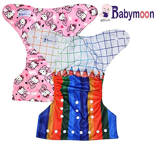 Image of Babymoon (Set of 2) Reusable Cloth Diaper, Premium Adjustable Size Waterproof Washable Pocket Cloth Diaper Nappie (Pencil & Catroon)