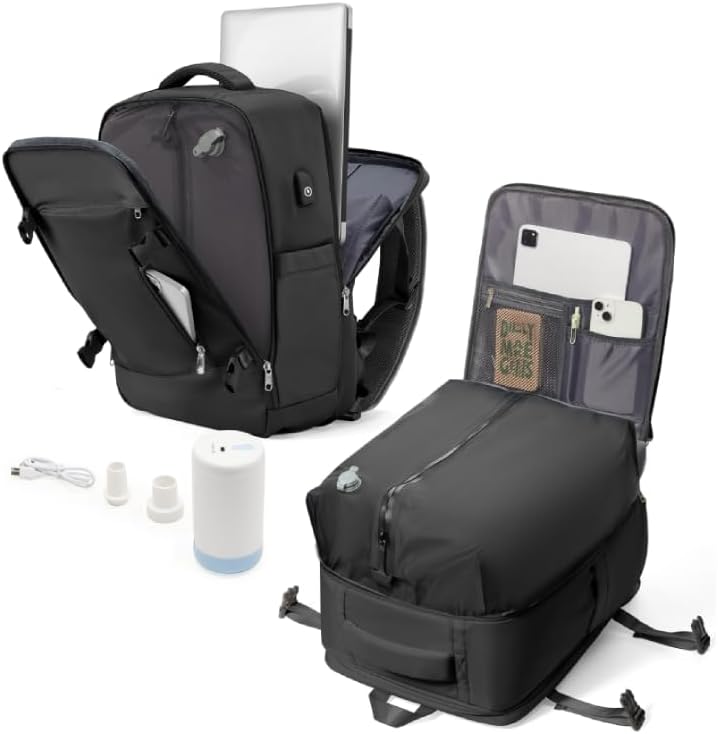 Sac a Dos de Voyage Cabine Avion sous Vide avec Pompe – Sac de Compression avec Airbag, Port USB, Bagage à Main Imperméable – Noir