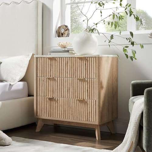 T4TREAM 32" Tall Fluted Nightstand Set of 2, Modern Side Table with Faux Marble Top, 3 Drawers End Table w/Storage, Bedside Table for Bedroom, Living Room, Curved Profile Design, Natural Oak