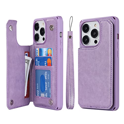 Image of Cavor for iPhone 14 Pro Case with Card Holder,iPhone 14 Pro Wallet Case for Women Men,Phone Case for iPhone 14 pro with Stand Credit Card Holder, Leather Strap Shockproof Cover- Purple