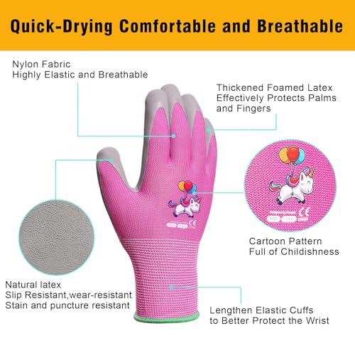 KDK Ages 8-10 Kids Gardening Gloves,Yard Work Gloves for Toddlers, Youth, Girls, Boys, Childrens, Soft Safety Rubber Gloves (XS Age 8-10, 1 Pair Green Bee)