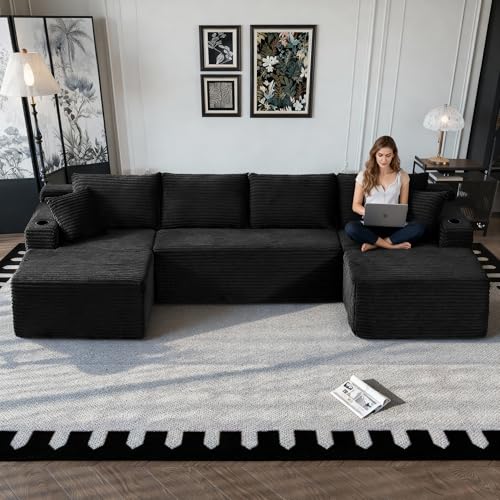 Image of Oversized Cloud Boneless Couch with Chaise, Modern Modular Sofa with Deep Seat, Corduroy Upholstered U Shaped Couch for Living Room, No Assembly Required (Black)