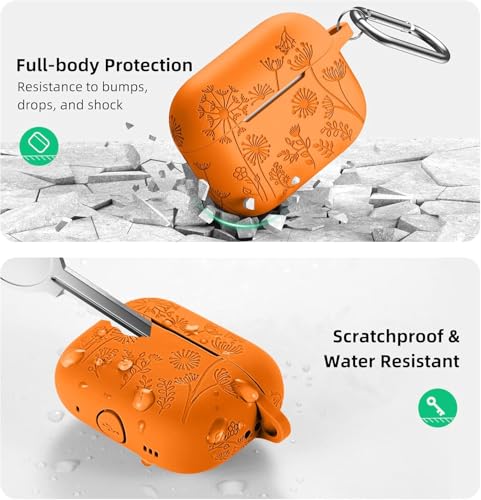 Image of Meyaar Silicone Case for AirPods 4 Floral Embossed, Flower Engraved Soft Silicone Cover with Keychain, Anti-Scratch, Shockproof Protective Case Cover (Orange, for AirPods 4 (2024)
