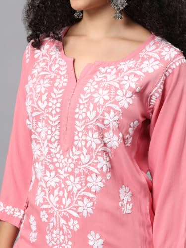 Image of Seva Chikan Hand Embroidered Lucknowi Chikankari Rayon Straight Kurta for Women SCL4532