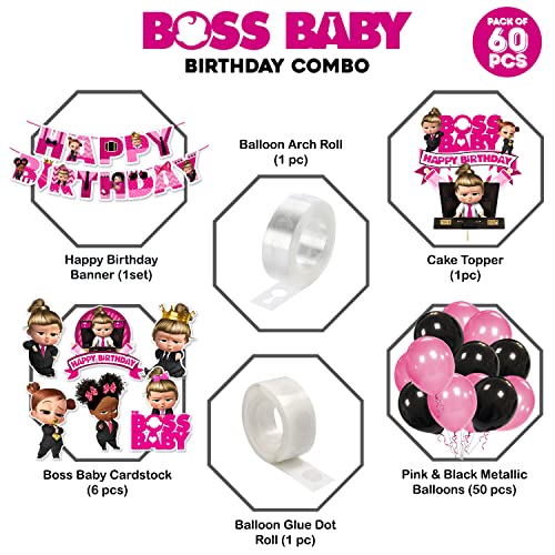Girl Boss Baby Theme Balloon arc decoration,Girl Boss Baby Birthday for Girls with Happy Birthday Paper Banner Cardstock Cake Toppers Balloons Birthday Decoration Kit (Pack of 60)