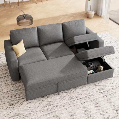 Image of HONBAY Modular Sectional Sleeper Sofa with Pull Out Bed, L Shaped Couch with Storage Seat, Modular Sectional Couches for Living Room - Dark Grey
